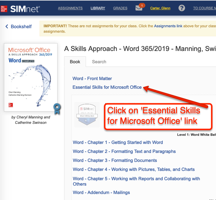 Click 'Overview - Chapter 1 - Essential Skills for Office 2016' link