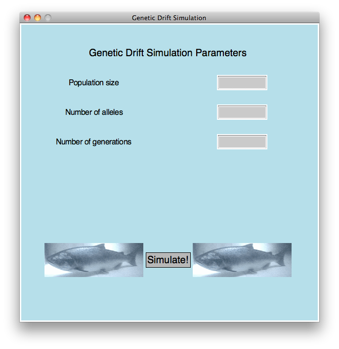 Graphical window with text boxes for simulation parameters and a button to run simulation
