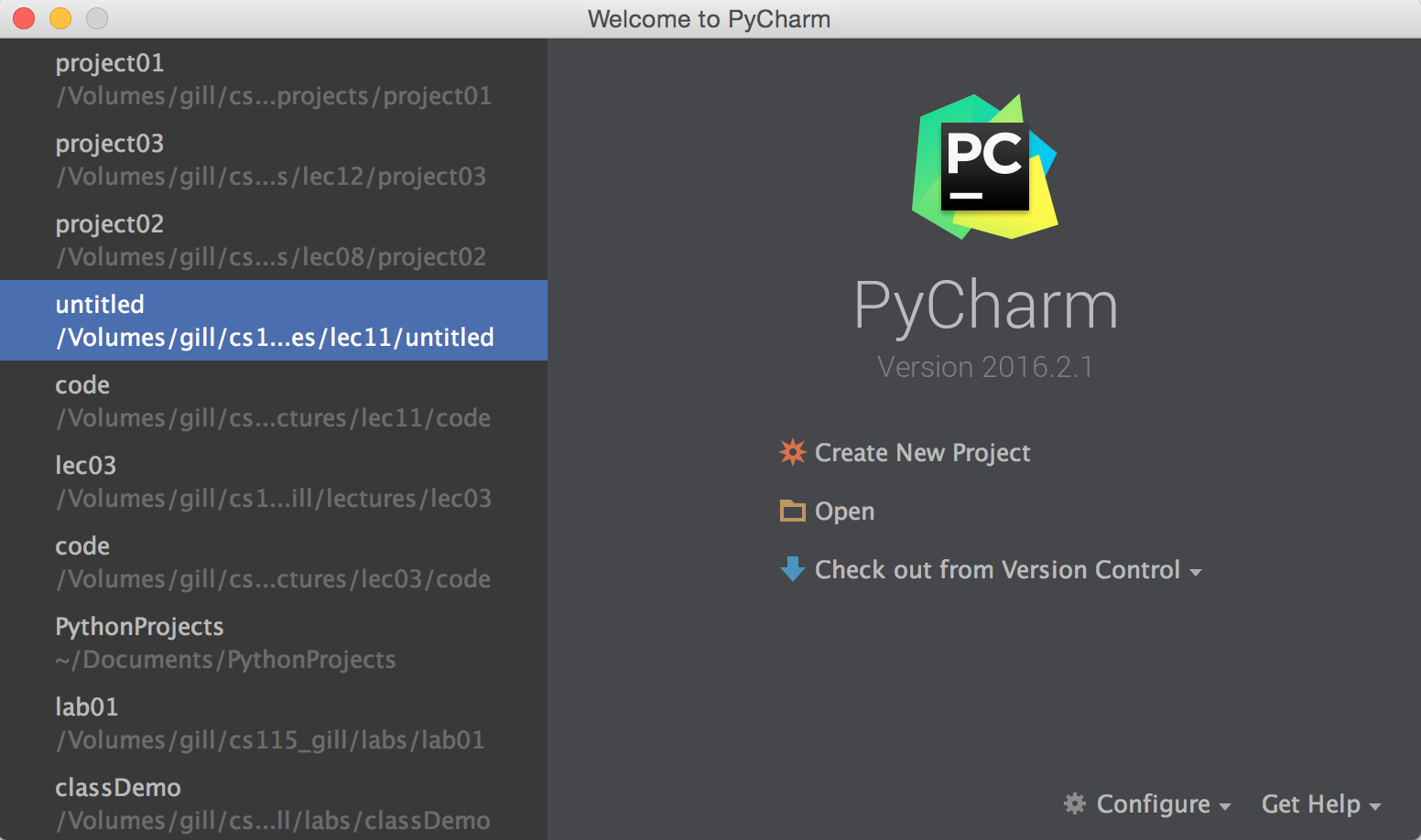 PyCharm Welcome Screen