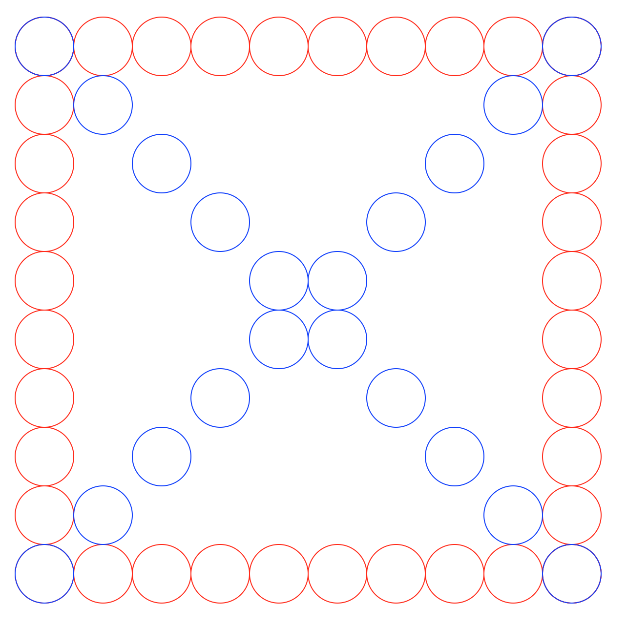 Square of 10 circles by 10 circles, with the diagonal filled in