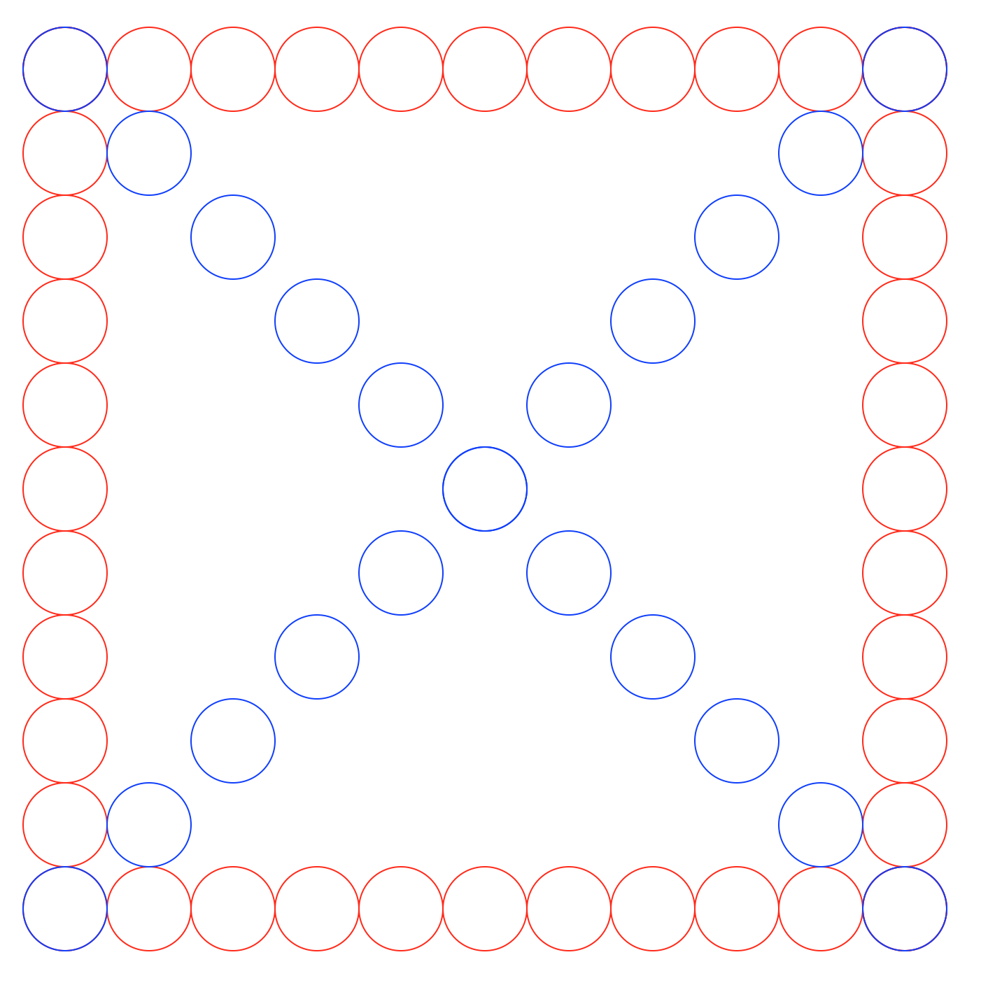 Square of 11 circles by 11 circles, with the diagonal filled in