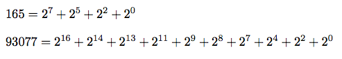 Examples of positive integers expressed as the sums of powers of 2.